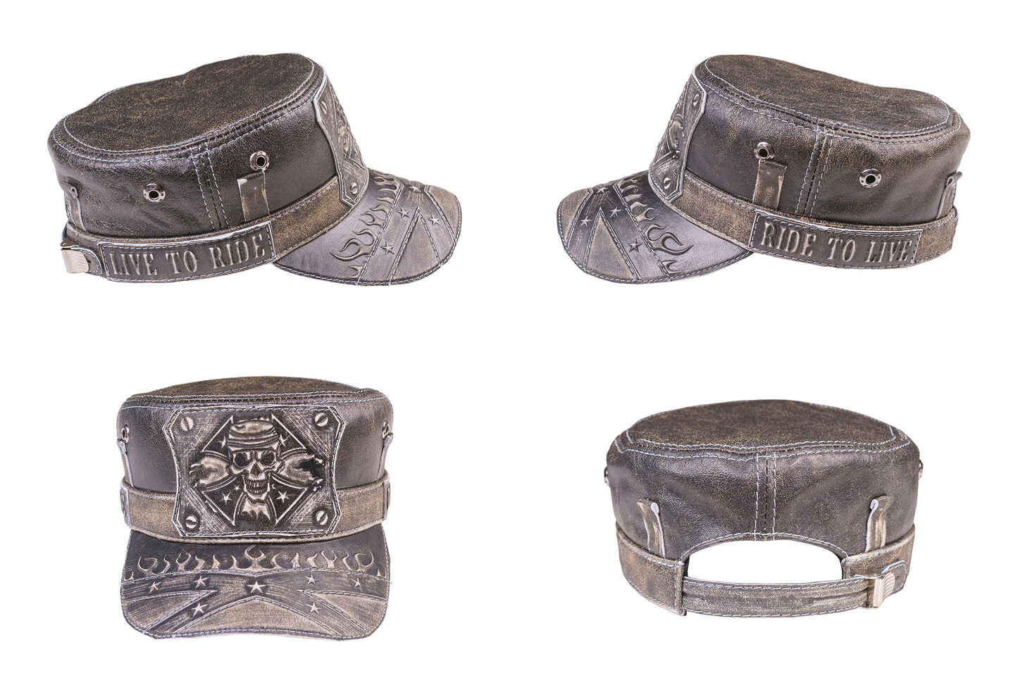 Leather Biker Hat: Handmade Brown Motorcycle Cap for Men with Skull Emblem, Flame Brim and Ride to Live Detail | Apero Bullo