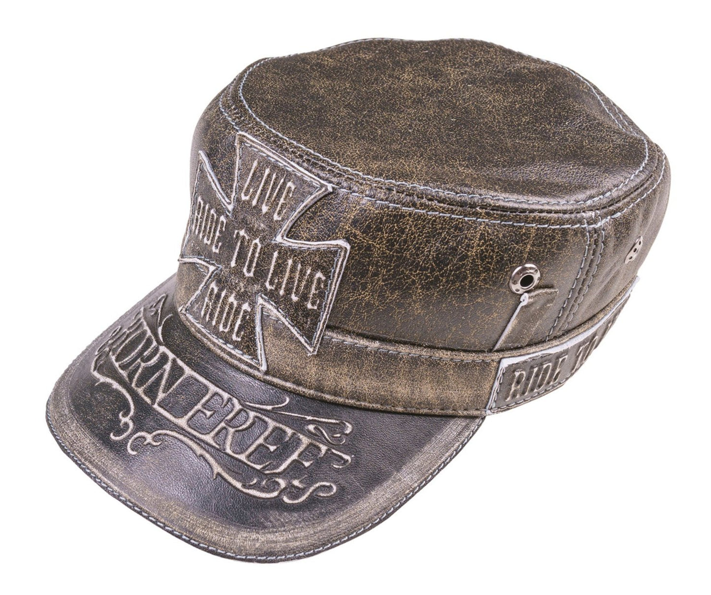 Leather Biker Hat: Handmade Motorcycle Cap with 'Ride to Live' Cross and 'Born Free' Design | Apero Bullo