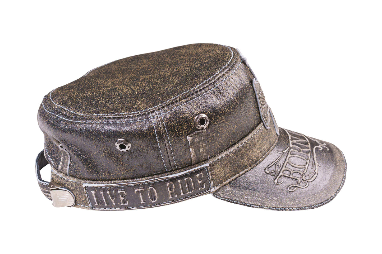 Leather Biker Hat: Handmade Motorcycle Cap with 'Ride to Live' Cross and 'Born Free' Design | Apero Bullo