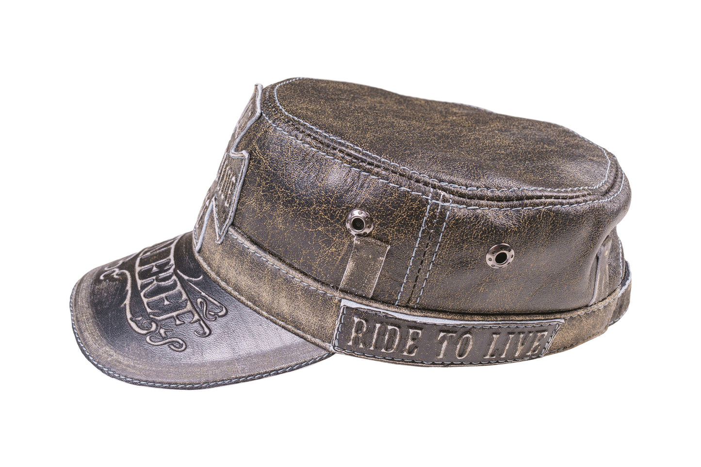 Leather Biker Hat: Handmade Motorcycle Cap with 'Ride to Live' Cross and 'Born Free' Design | Apero Bullo