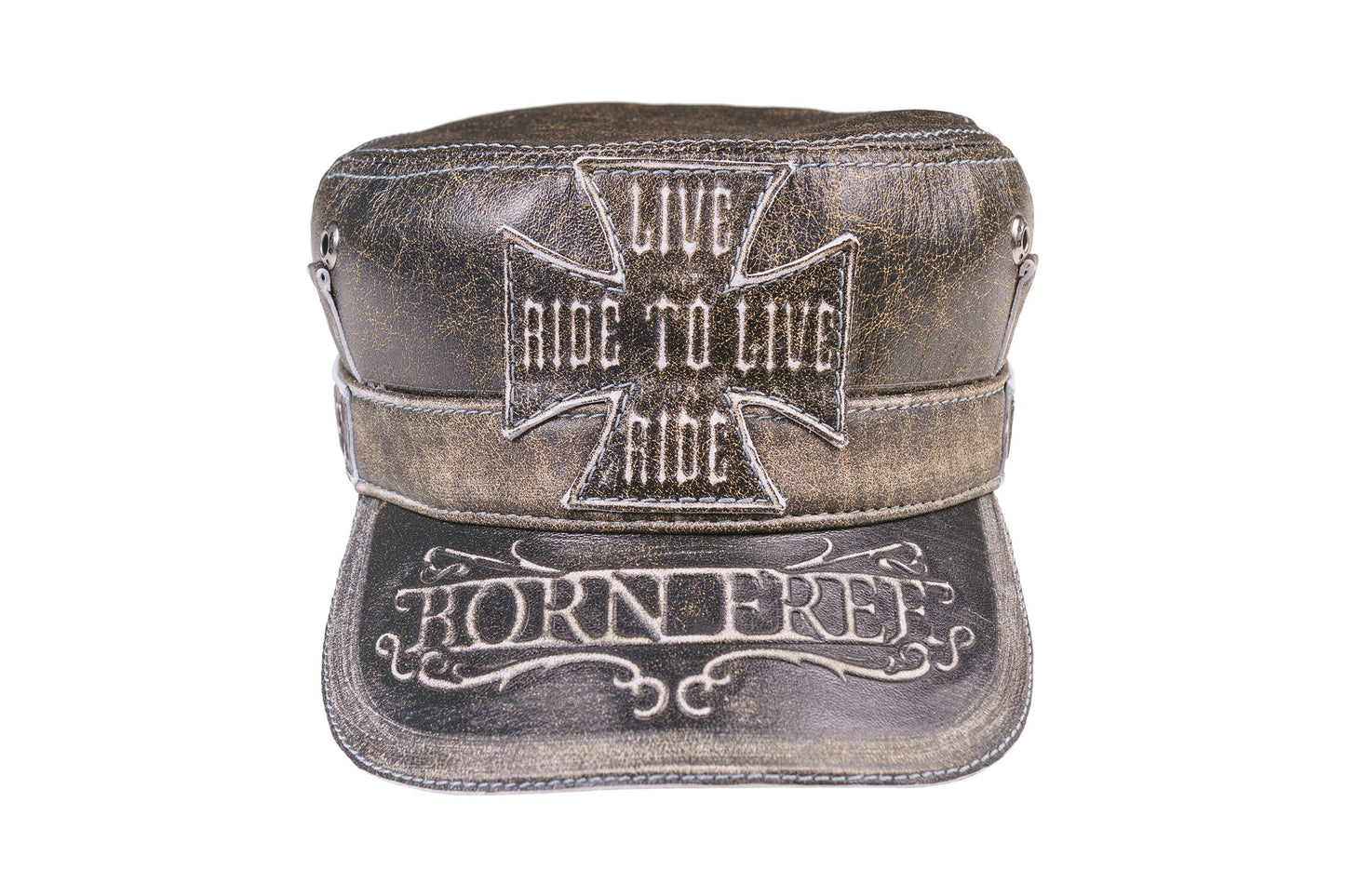 Leather Biker Hat: Handmade Motorcycle Cap with 'Ride to Live' Cross and 'Born Free' Design | Apero Bullo