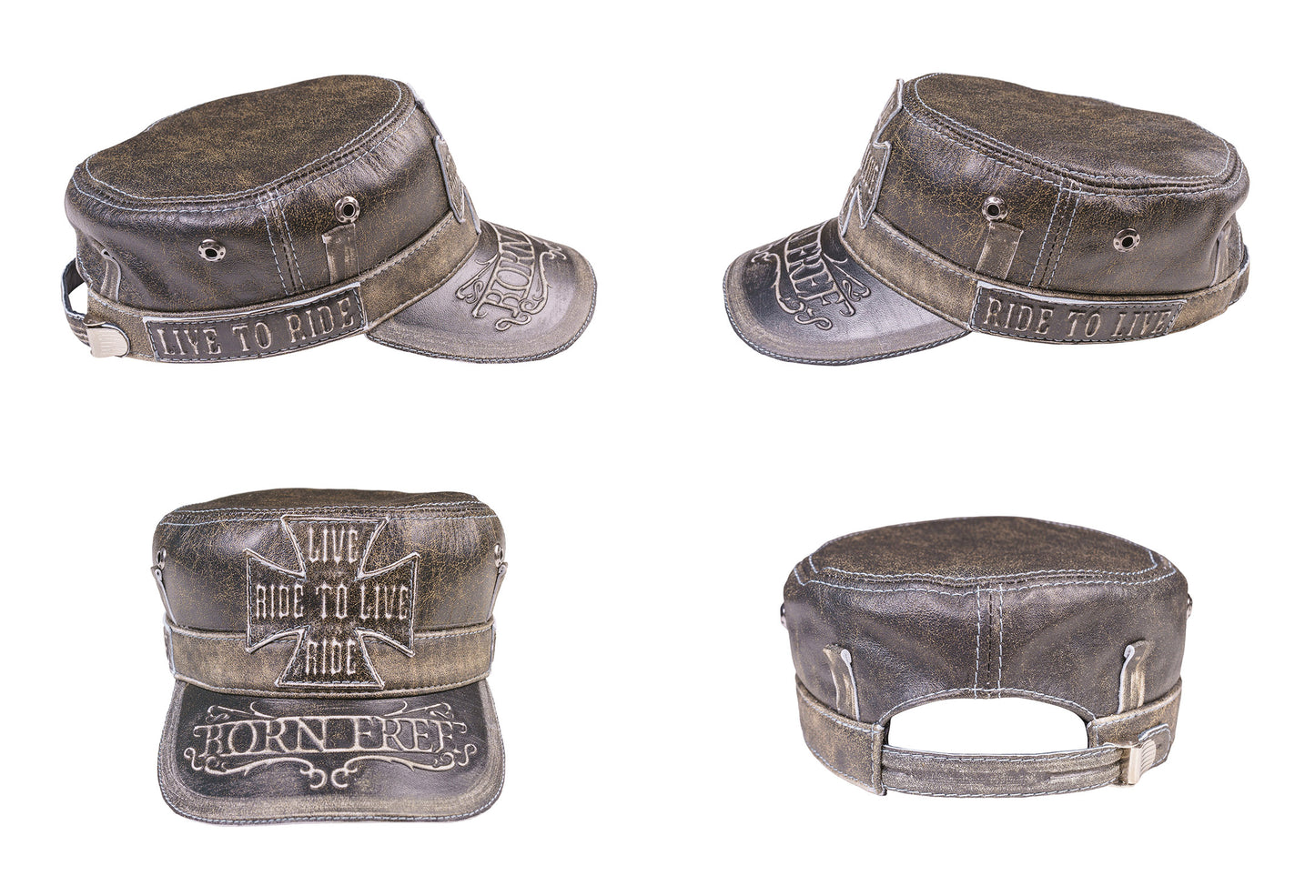 Leather Biker Hat: Handmade Motorcycle Cap with 'Ride to Live' Cross and 'Born Free' Design | Apero Bullo