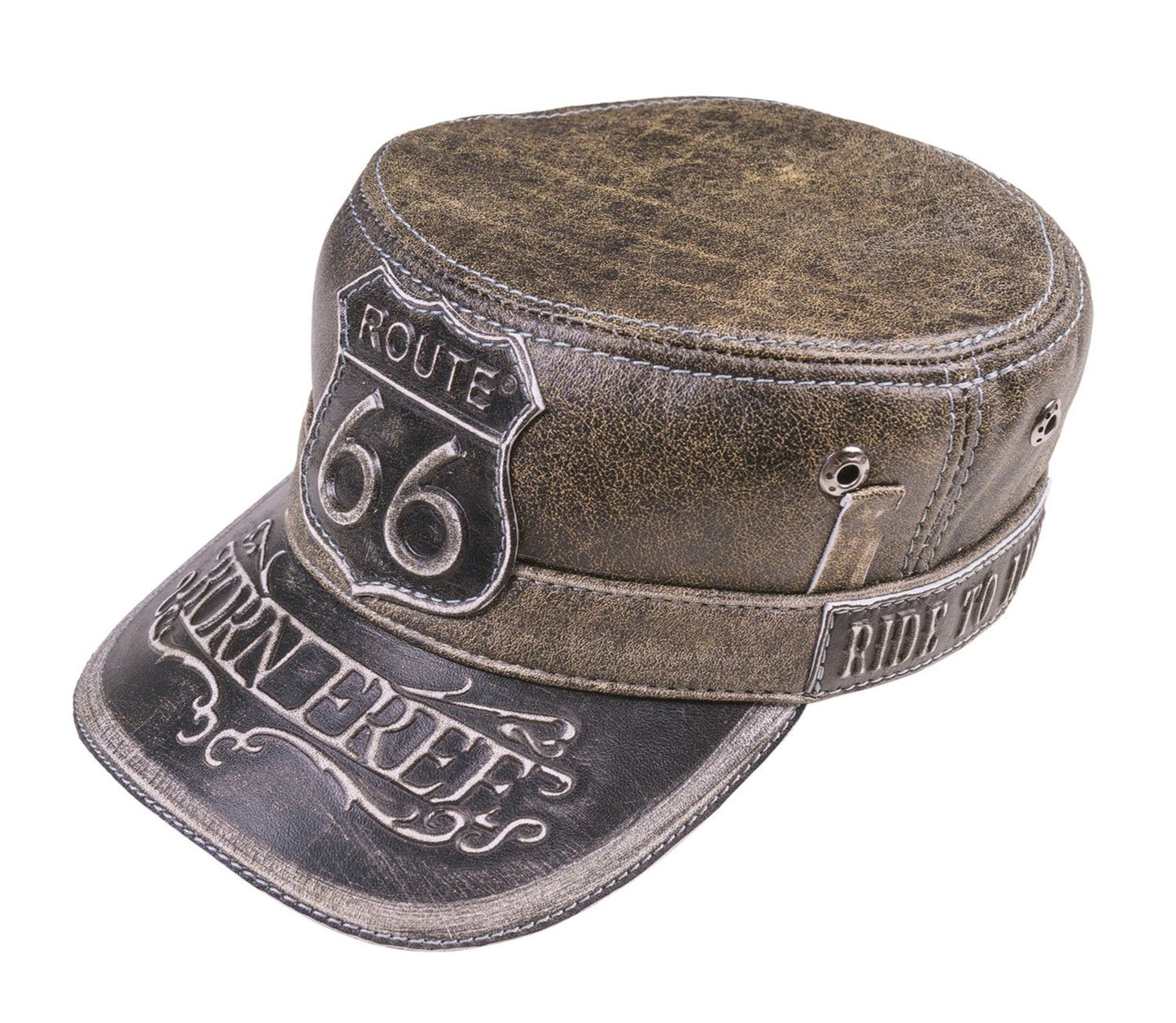 Leather Biker Hat: Handmade Distressed Brown Motorcycle Cap with Route 66 and Born Free Embossed Design | Apero Bullo