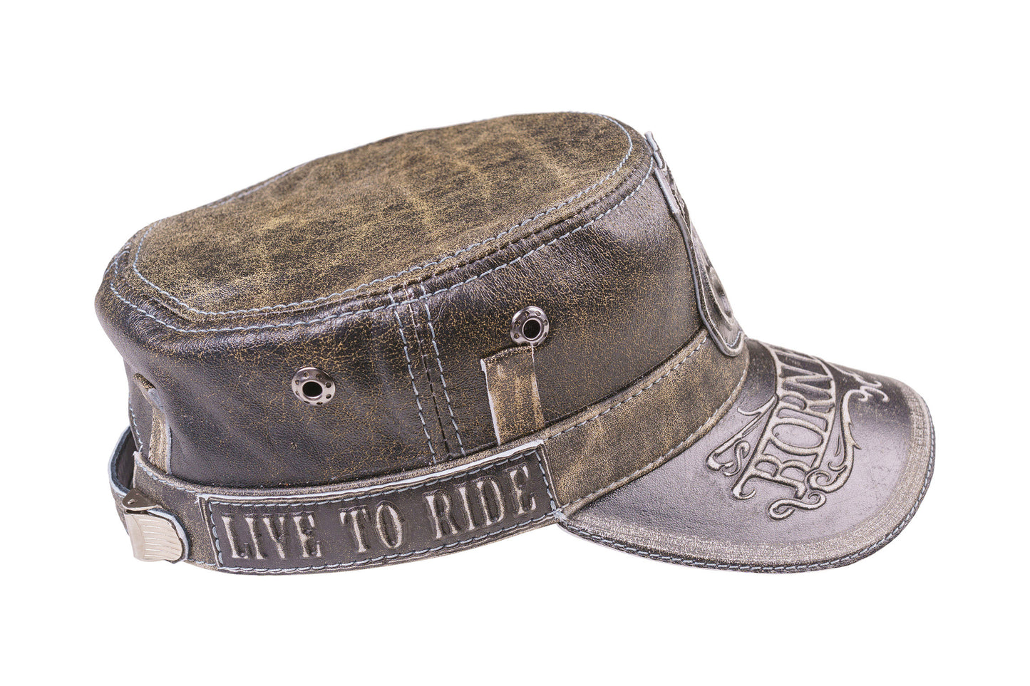 Leather Biker Hat: Handmade Distressed Brown Motorcycle Cap with Route 66 and Born Free Embossed Design | Apero Bullo