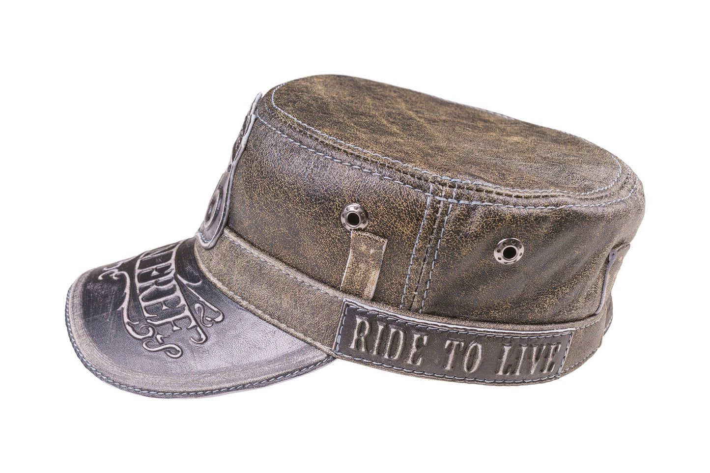 Leather Biker Hat: Handmade Distressed Brown Motorcycle Cap with Route 66 and Born Free Embossed Design | Apero Bullo