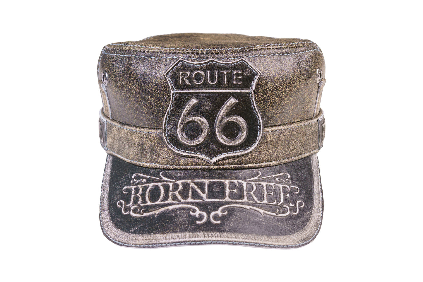 Leather Biker Hat: Handmade Distressed Brown Motorcycle Cap with Route 66 and Born Free Embossed Design | Apero Bullo