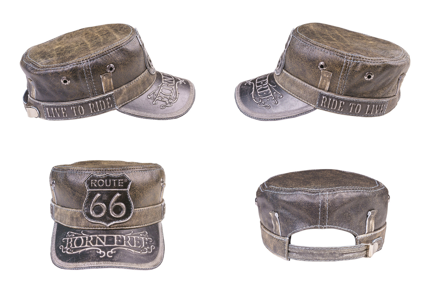 Leather Biker Hat: Handmade Distressed Brown Motorcycle Cap with Route 66 and Born Free Embossed Design | Apero Bullo