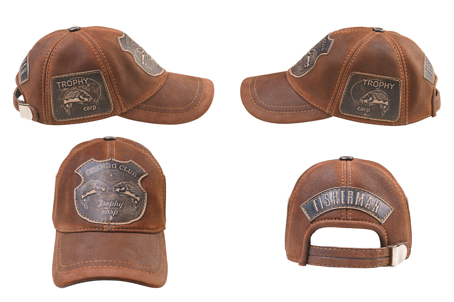 Trophy Carp Genuine Leather Handcrafted Fisherman Suede Effect Cogniac Cap