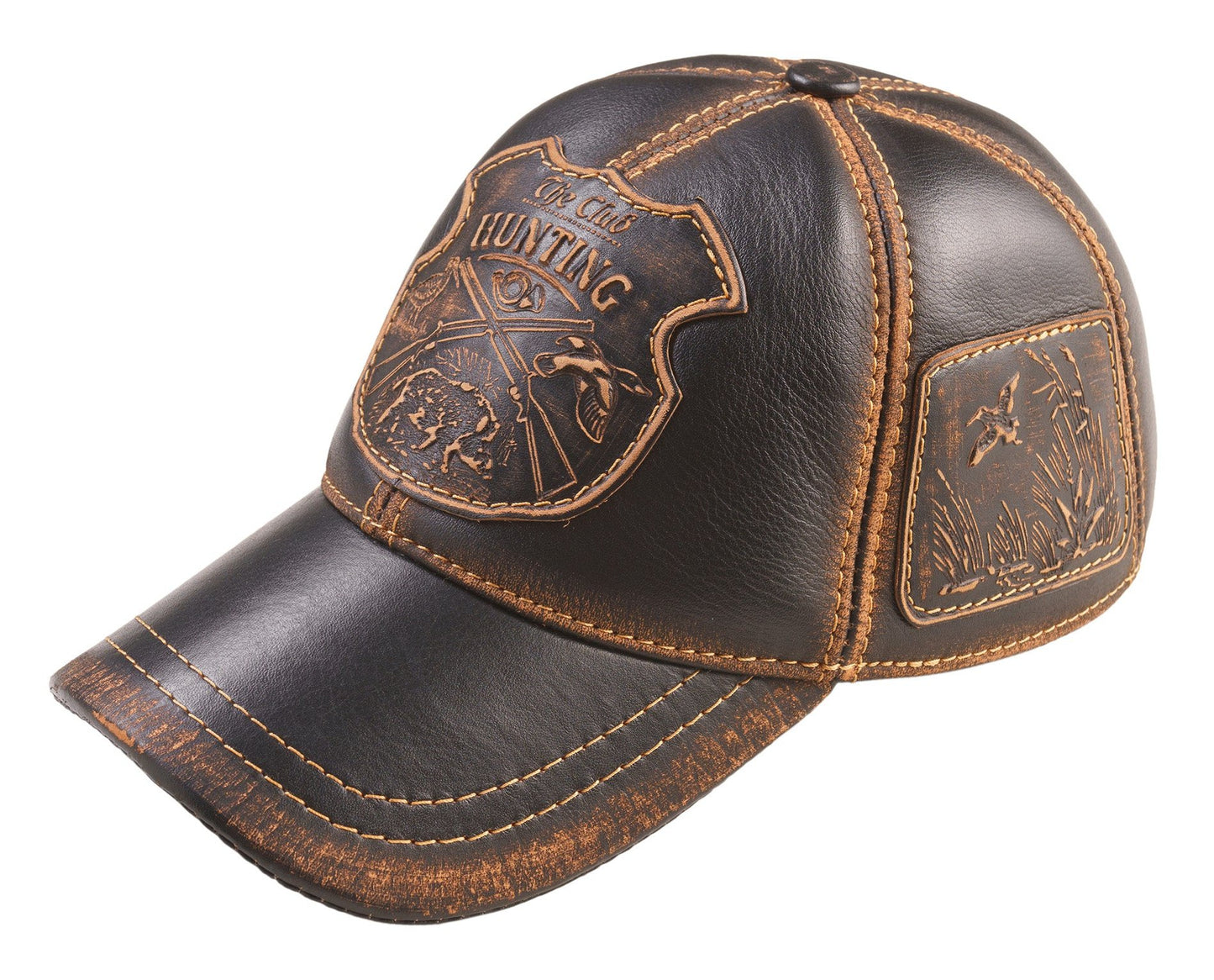 Leather Hunting Cap: Handmade Vintage Black Hat with Dog & Bird Patches, Hunting Club Badge | Apero Bullo