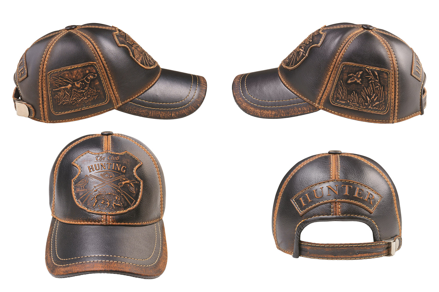 Leather Hunting Cap: Handmade Vintage Black Hat with Dog & Bird Patches, Hunting Club Badge | Apero Bullo