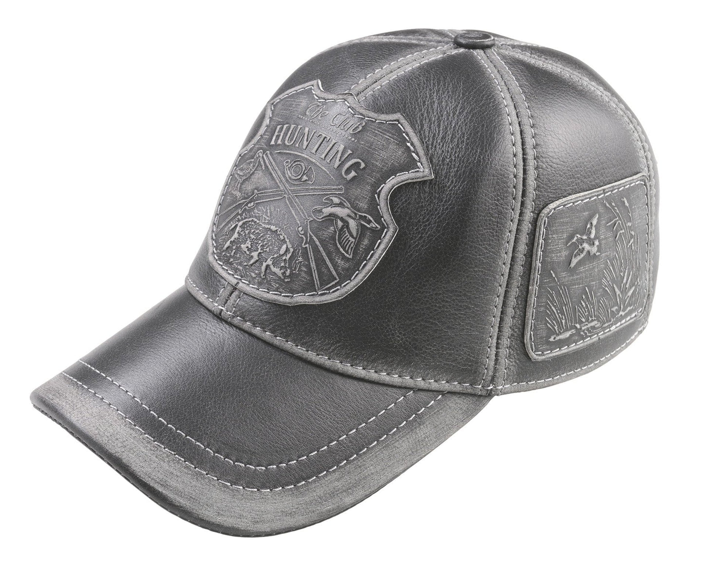 Leather Hunting Cap: Handmade Black Hat with Dog & Bird Patches, Hunting Club Badge | Apero Bullo