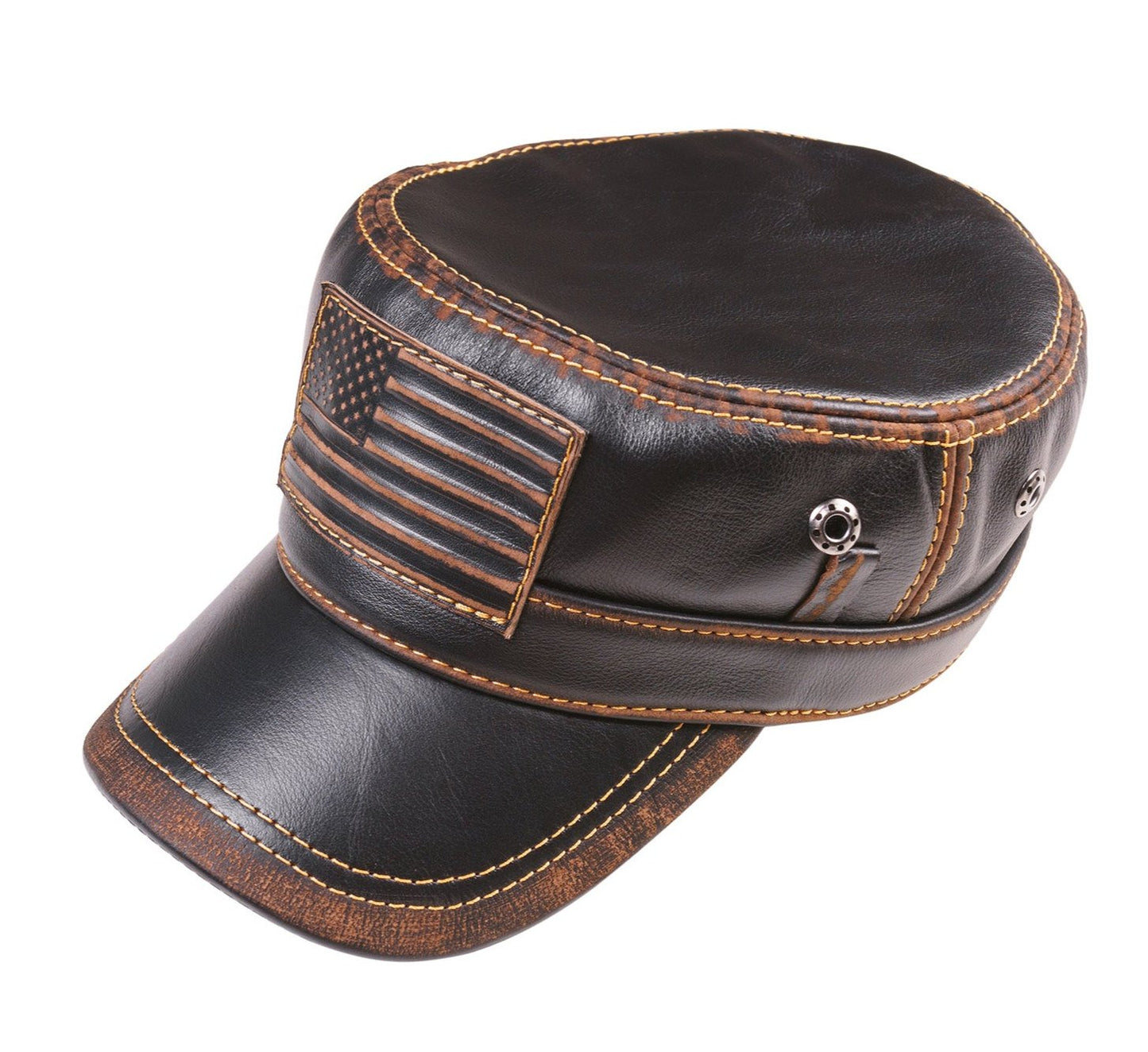 American Flag Patriotic Genuine Leather Captain Black Distressed Cap