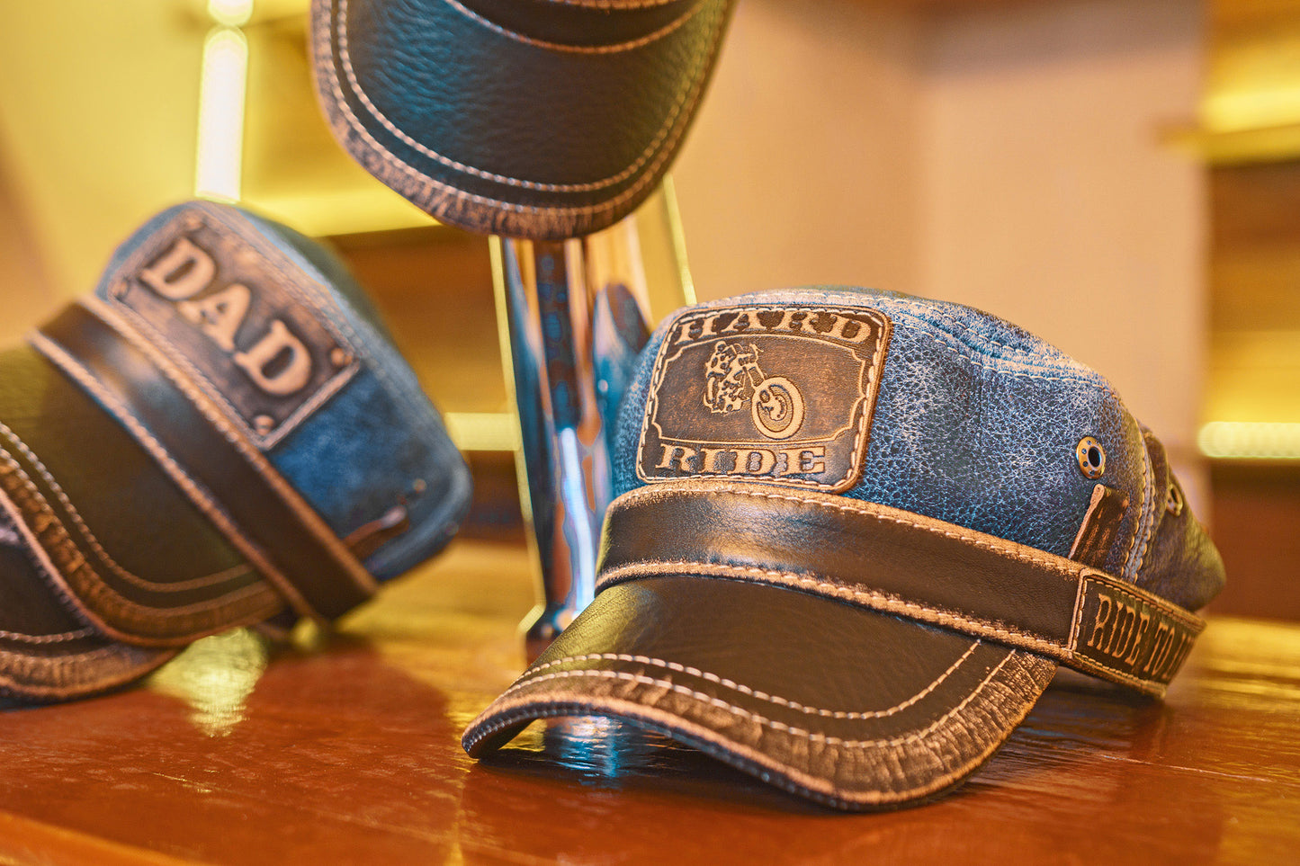 Leather Biker Hat: Handmade Two-Tone Motorcycle Cap with Denim-Look Leather and 'Hard Ride' Chopper Patch | Apero Bullo