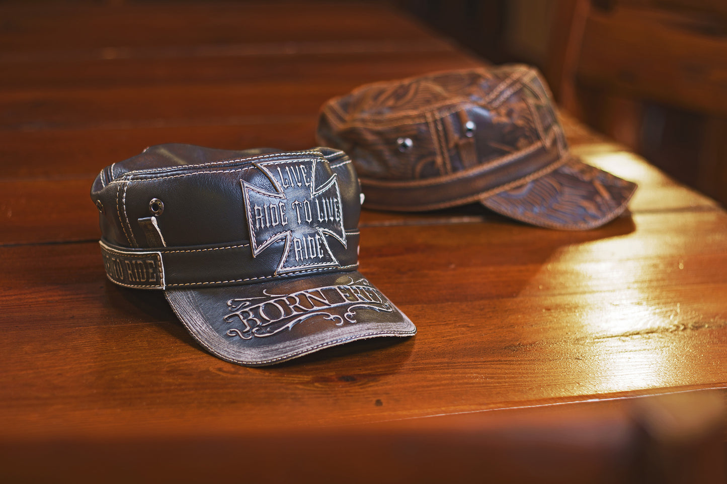 Handcrafted Biker Leather Cap with "Route 66" Emblem - Distressed Black and Brown