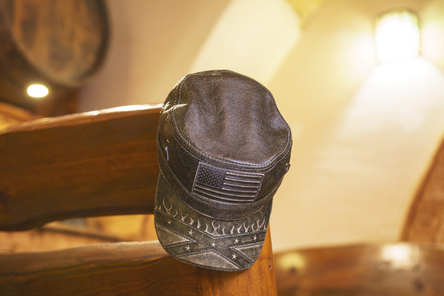 Vintage Route 66 Leather Biker Cap with Stars and Flames Embossed Design