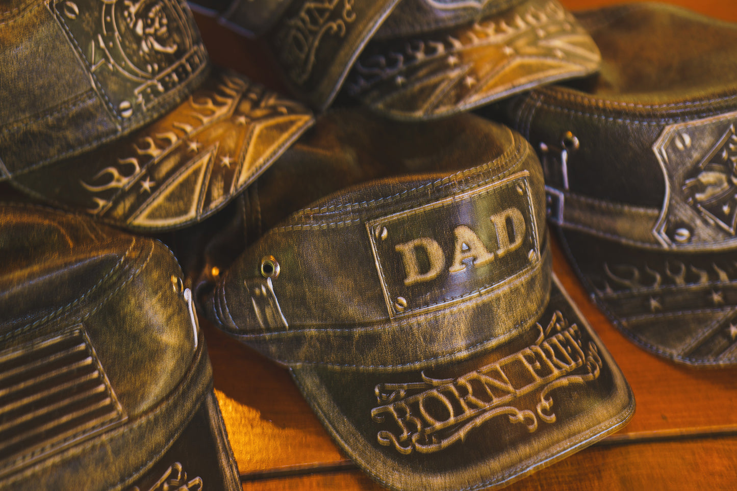 Leather Biker Cap: Handmade Distressed Military Hat for Dad with "Born Free" Brim | Apero Bullo