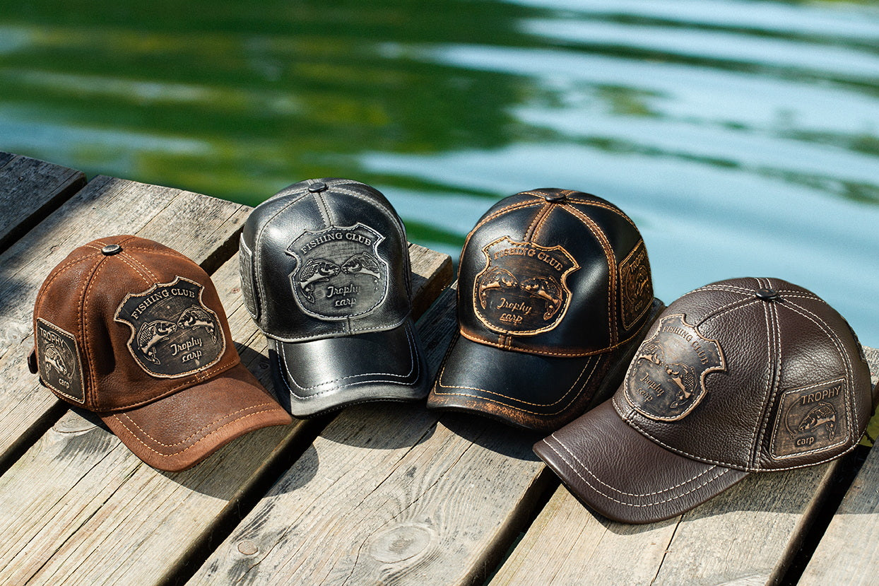 Leather Fishing Cap: Handmade Trophy Carp Brown Baseball Cap with Fishing Club Badge | Apero Bullo