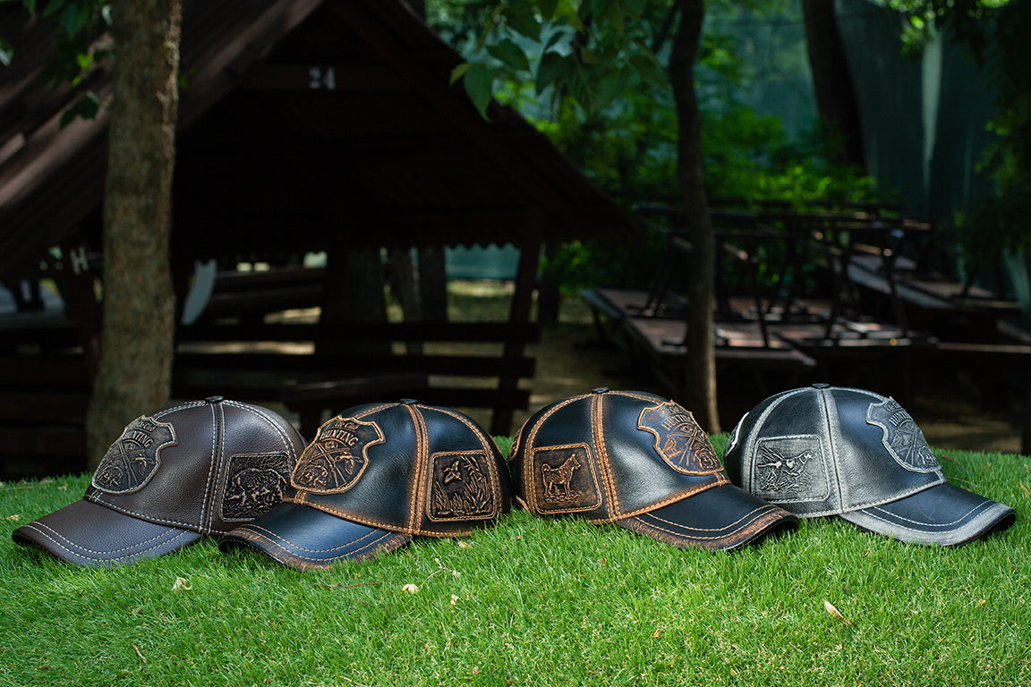 Leather Hunting Cap: Handmade Vintage Black Hat with Hunting Club, Dog & Bird Patches | Apero Bullo