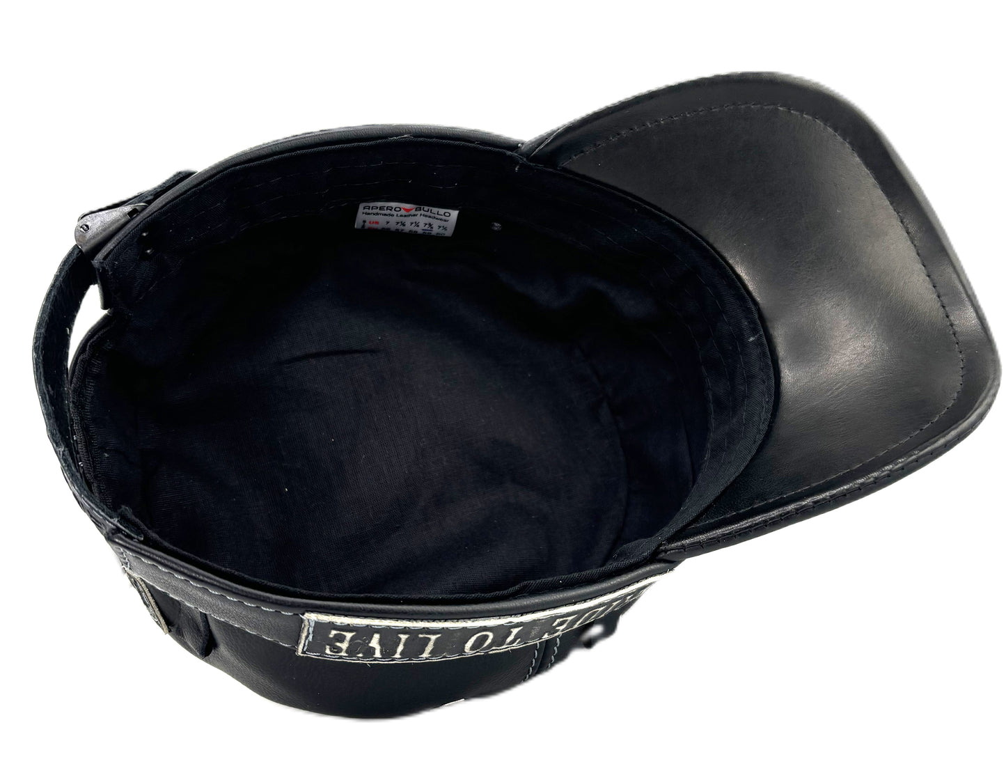 Leather Biker Hat: Handmade Black Motorcycle Cap with Embossed Skull Rider Flame Patch and 'Ride to Live' Detail | Apero Bullo