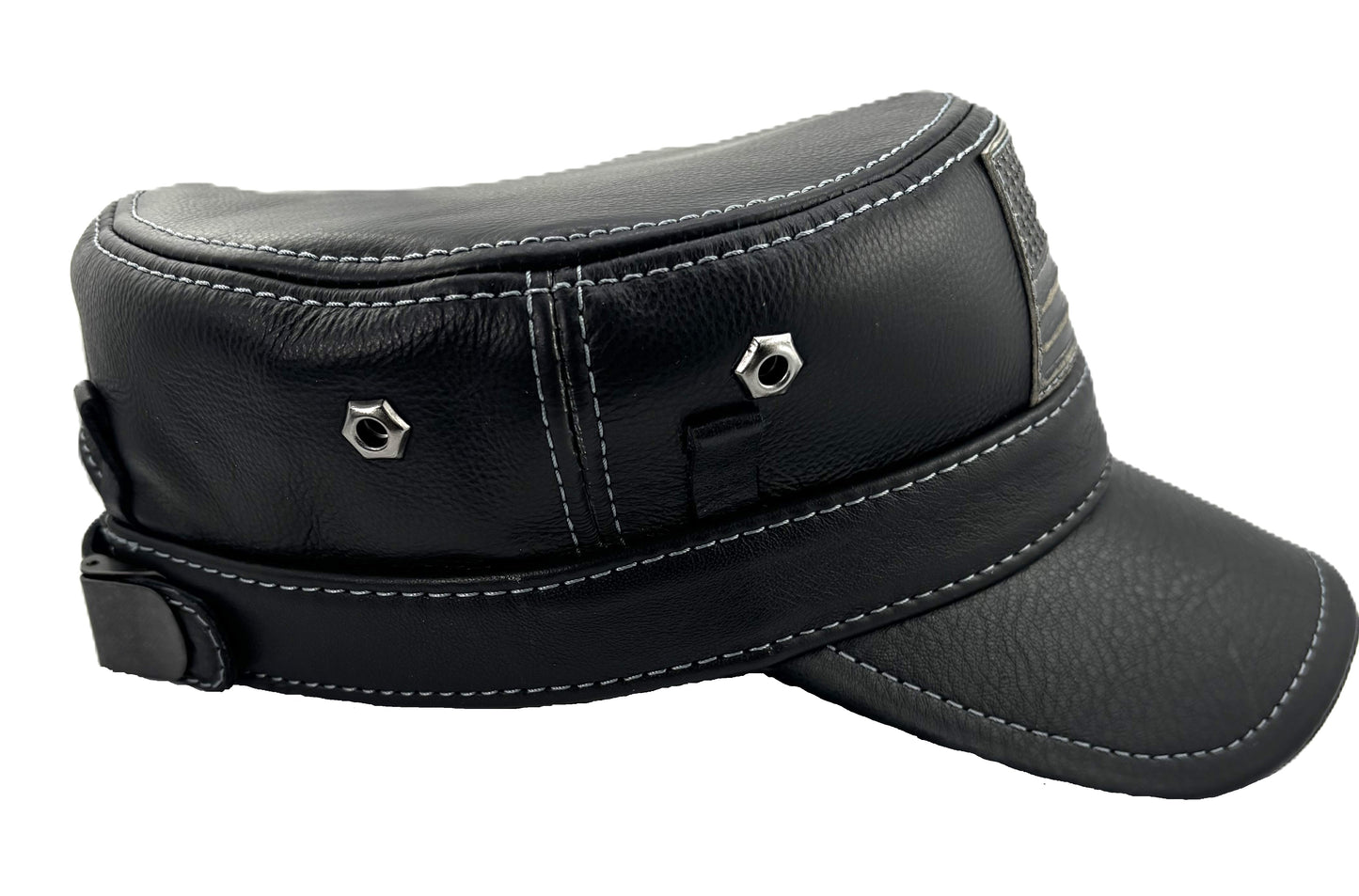 American Flag Patriotic Genuine Leather Captain Black Cap