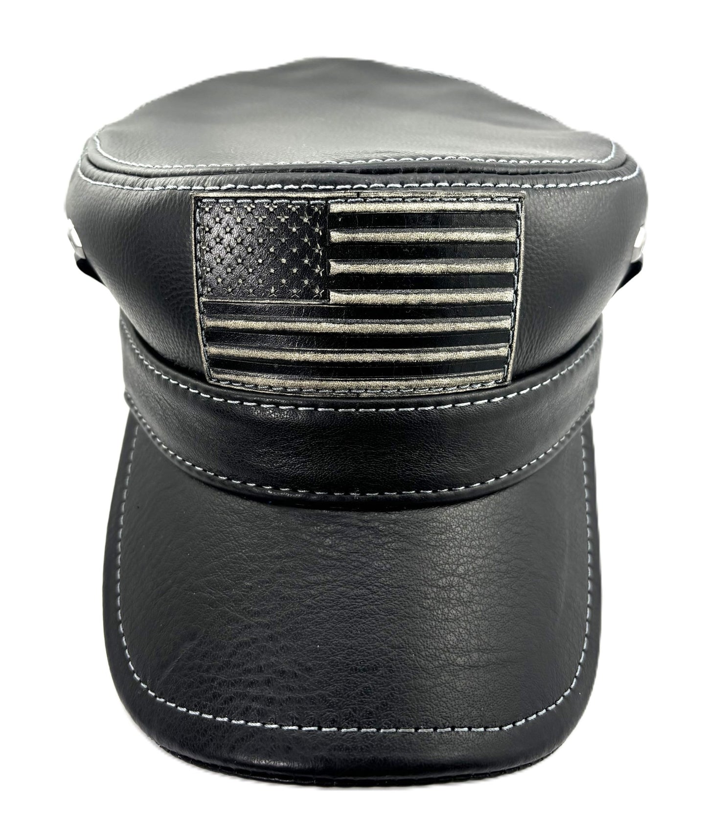 Leather Cap: Handmade Black Military-Style Hat with American Flag Patch and Metal Stud Detail | Apero Bullo