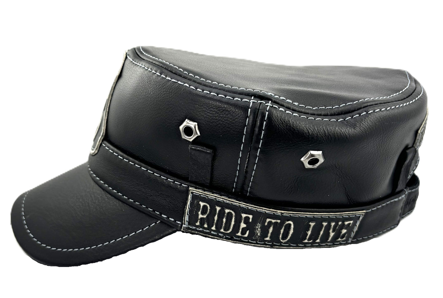 Premium Leather Black Cap with Route 66 Emblem - Handcrafted Biker Style