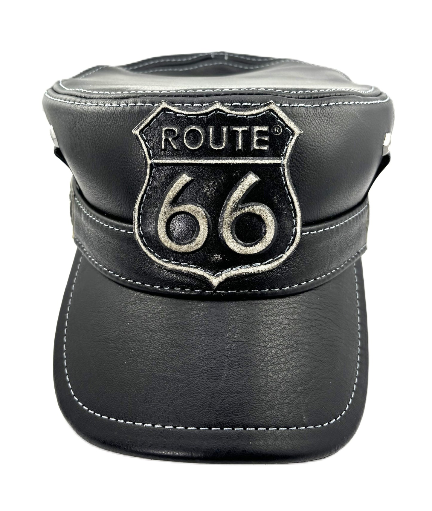 Premium Leather Black Cap with Route 66 Emblem - Handcrafted Biker Style