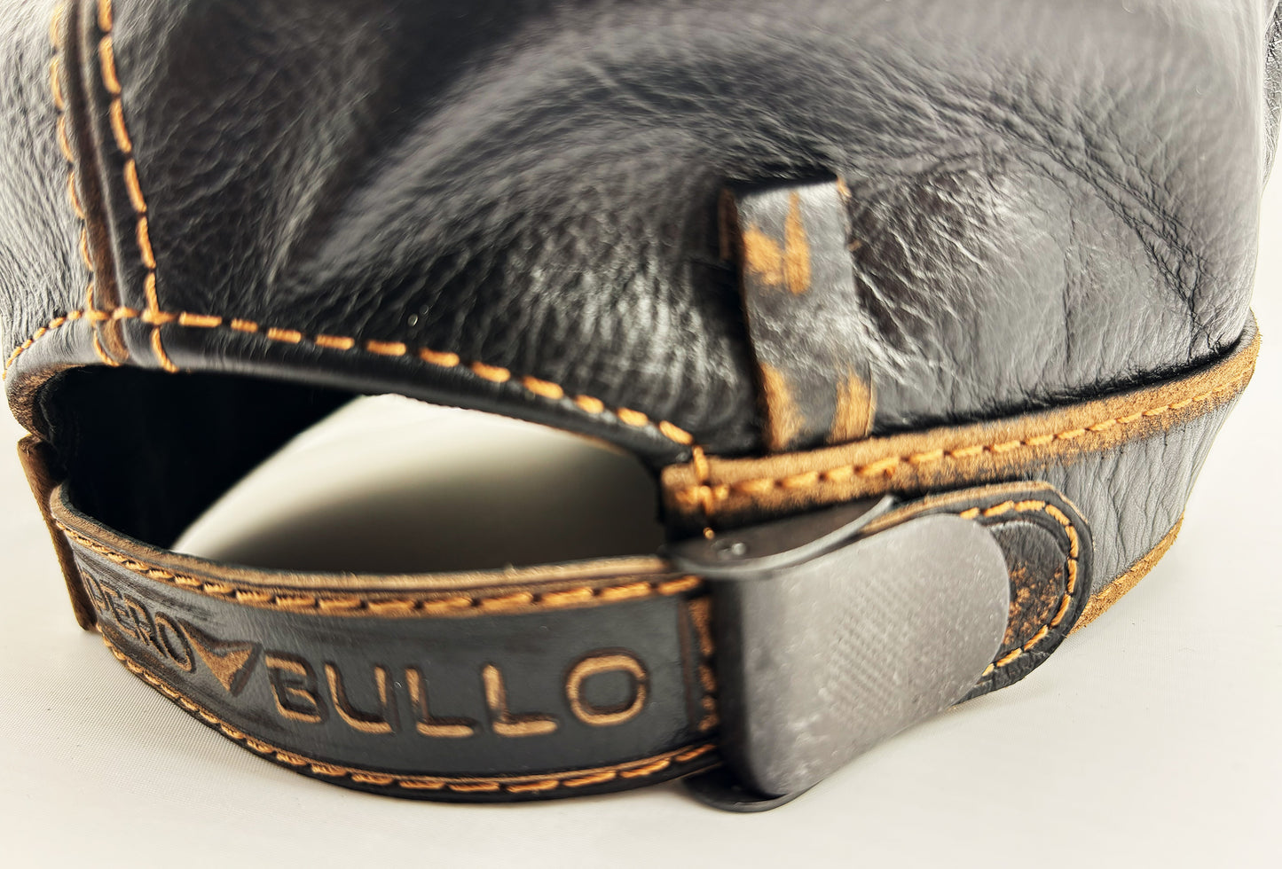 Leather Biker Hat: Handmade Black Motorcycle Cap with Flaming Skull Patch, “Lost Souls” & Ride Motto | Apero Bullo