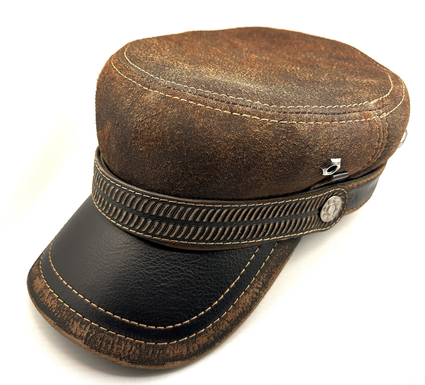 Classic Vintage Handcrafted Premium Leather Suede Effect Biker Military Cap