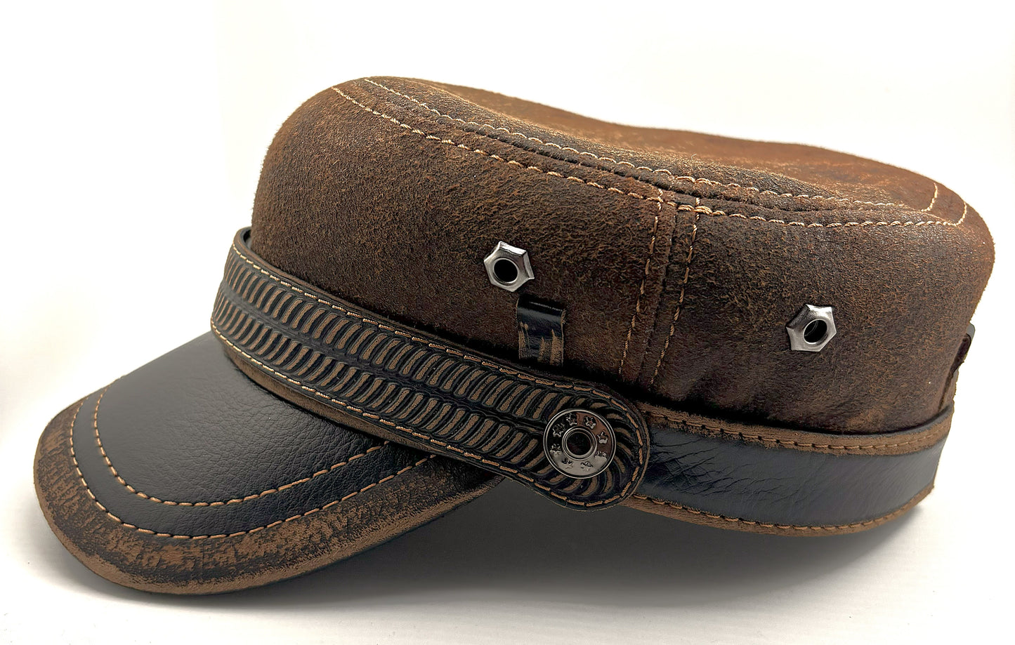 Vintage Harley Hat: Handmade Brown and Black Motorcycle Cap for Men with Distressed Finish and Vintage Band | Apero Bullo