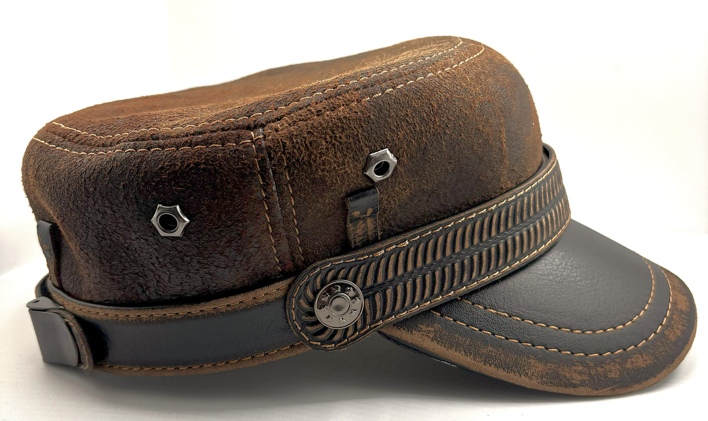 Vintage Harley Hat: Handmade Brown and Black Motorcycle Cap for Men with Distressed Finish and Vintage Band | Apero Bullo