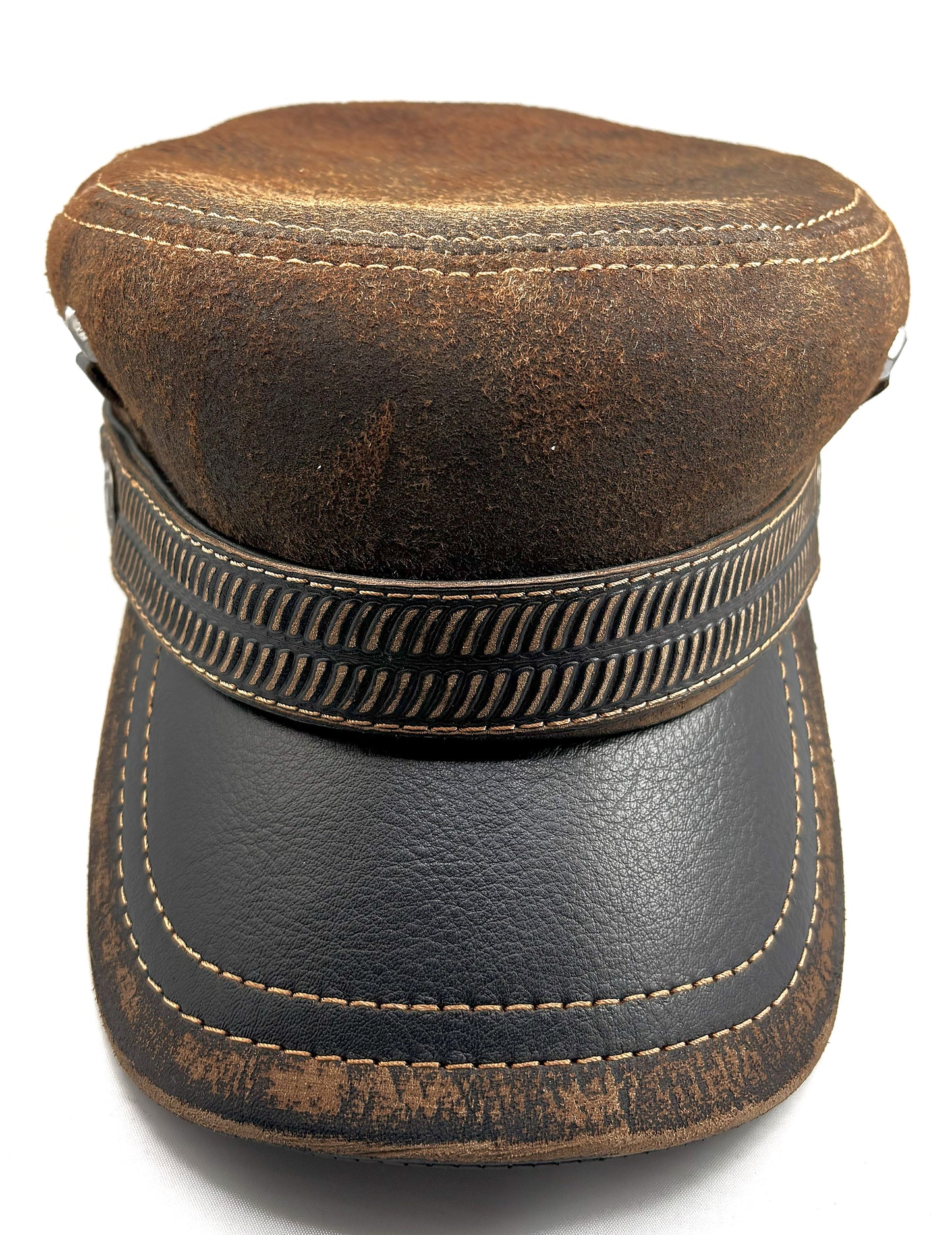 Vintage Harley Hat: Handmade Brown and Black Motorcycle Cap for Men with Distressed Finish and Vintage Band | Apero Bullo