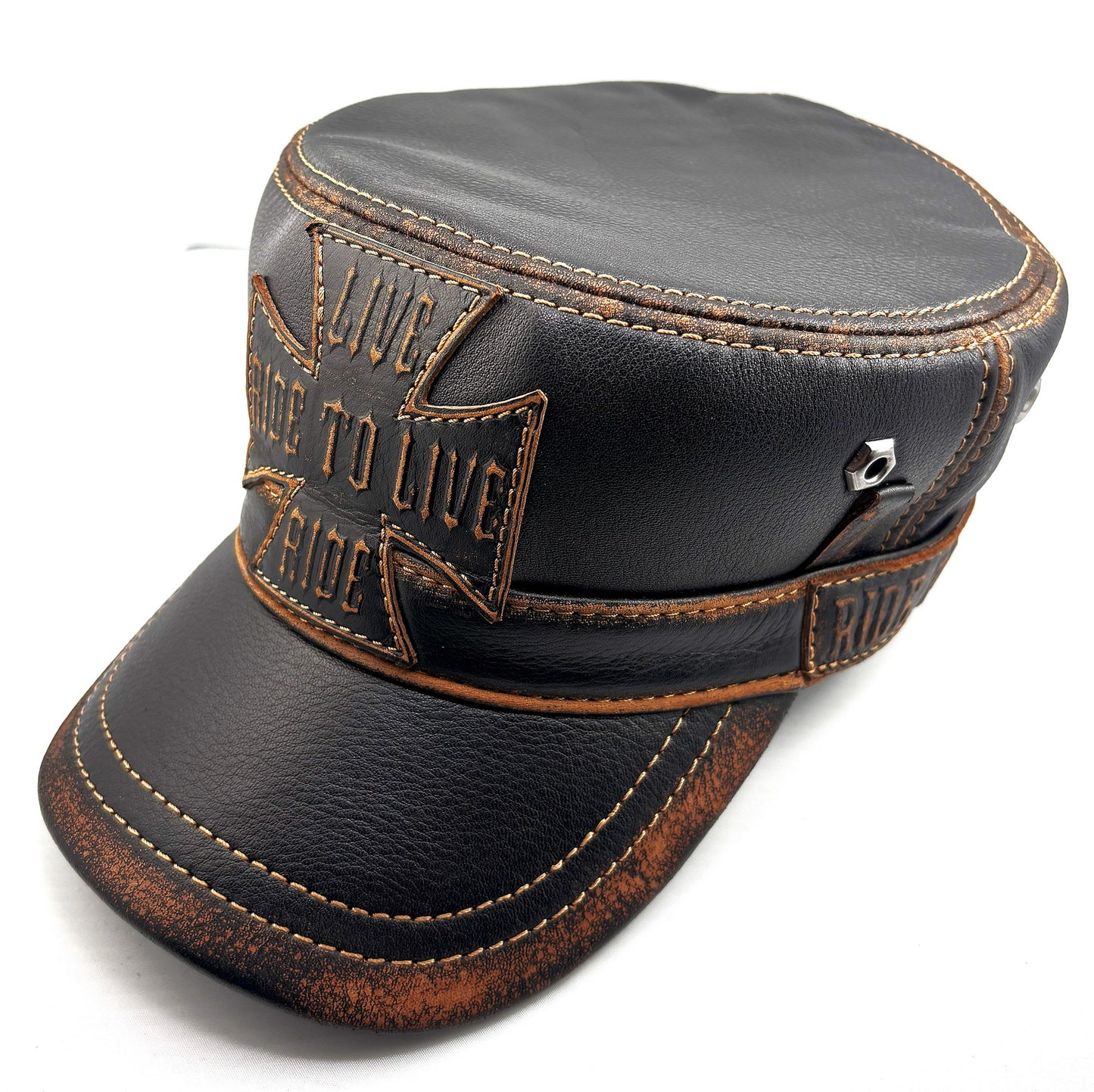 Leather Biker Hat: Handmade Black Motorcycle Cap for Men with Iron Cross Patch, Distressed Stitching and Ride to Live Detail | Apero Bullo
