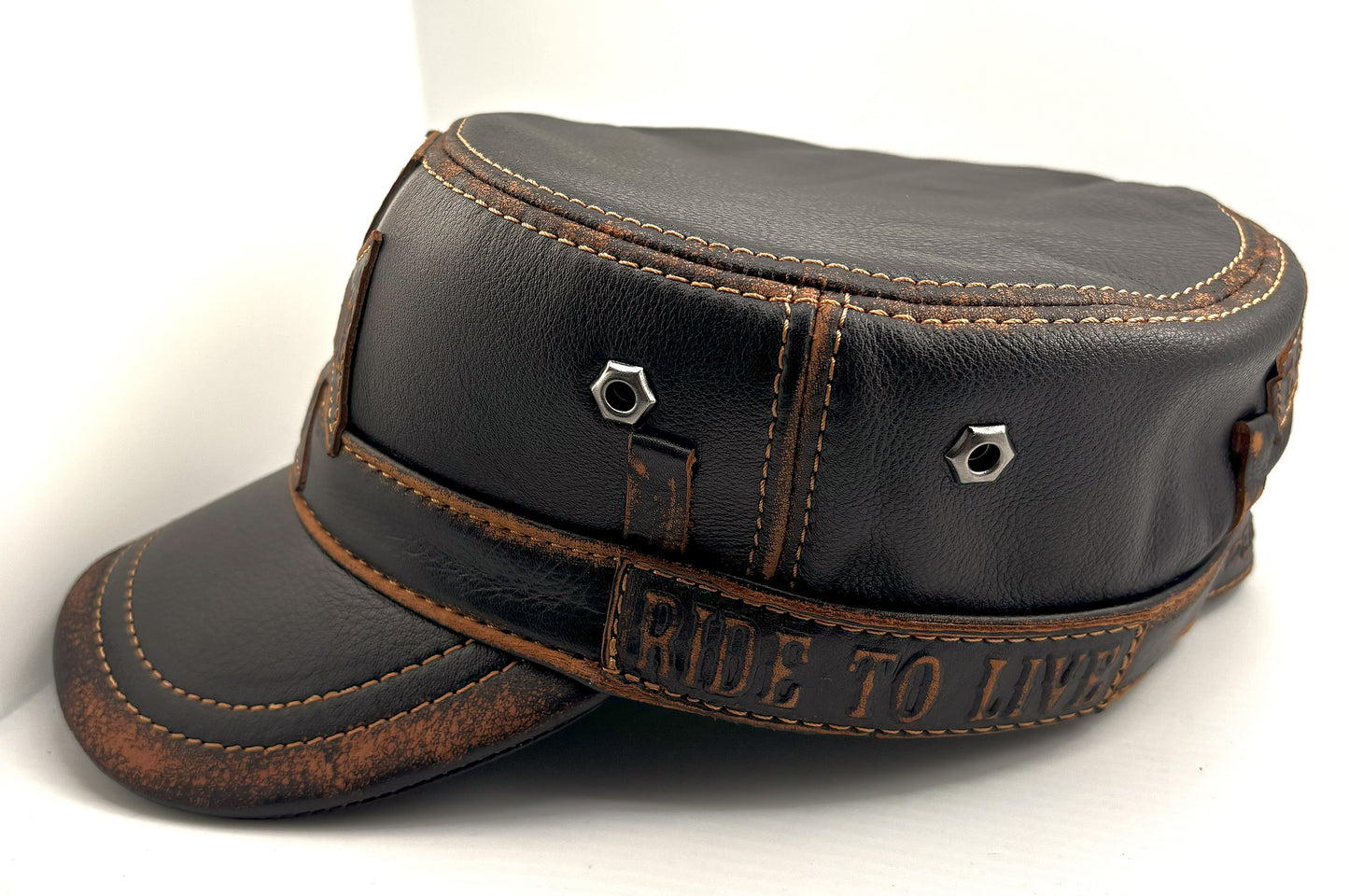 Leather Biker Hat: Handmade Black Motorcycle Cap for Men with Iron Cross Patch, Distressed Stitching and Ride to Live Detail | Apero Bullo