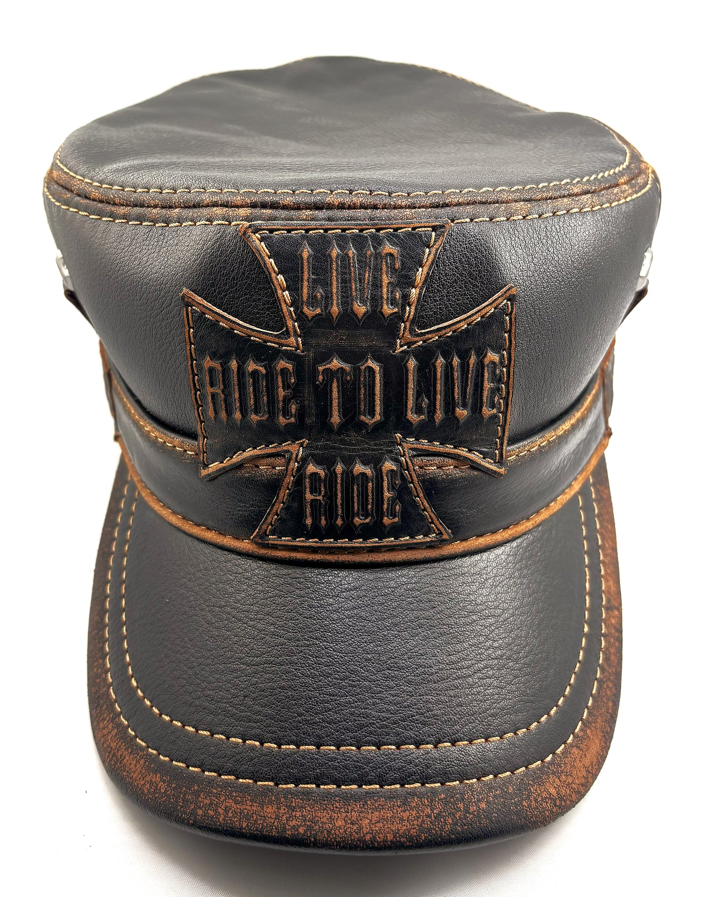 Leather Biker Hat: Handmade Black Motorcycle Cap for Men with Iron Cross Patch, Distressed Stitching and Ride to Live Detail | Apero Bullo