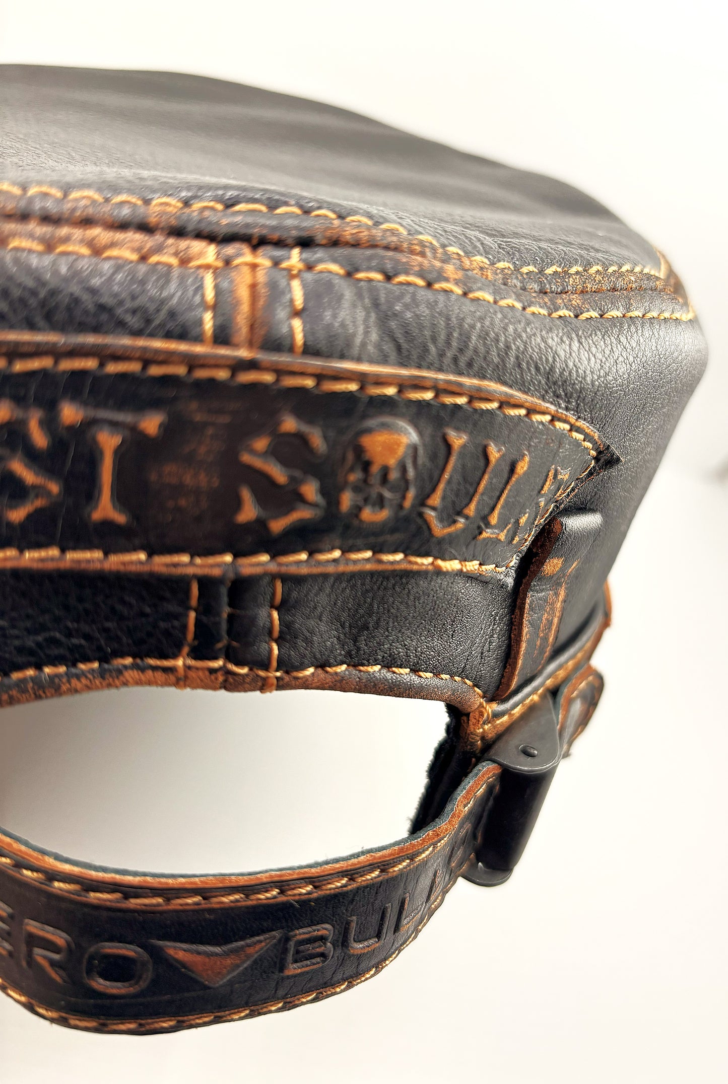 Leather Biker Hat: Handmade Black Motorcycle Cap for Men with Iron Cross Patch, Distressed Stitching and Ride to Live Detail | Apero Bullo