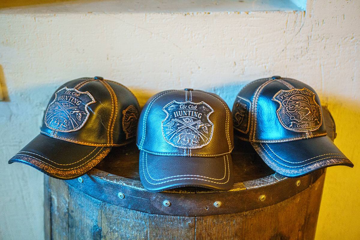 Vintage Leather Fishing Cap: Handmade Black and Brown Trophy Pike Hat with Pike Hunter Patch | Apero Bullo