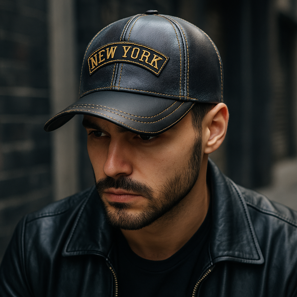 Leather Biker Hat: Handmade Distressed Blue & Black Baseball Cap with “New York” Patch, Adjustable Dad Hat for Men – Apero Bullo