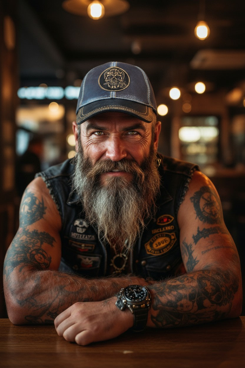 Leather Biker Hat – Handmade Distressed Military Cap with Skull Patch | Apero Bullo