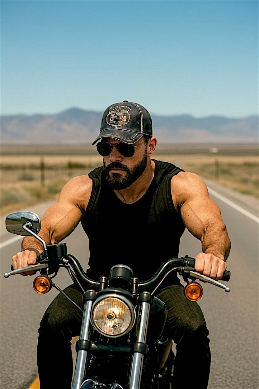 Leather Biker Hat: Handmade Black Motorcycle Cap with US Army Veteran Shield Patch, Distressed Leather Baseball Hat for Men | Apero Bullo