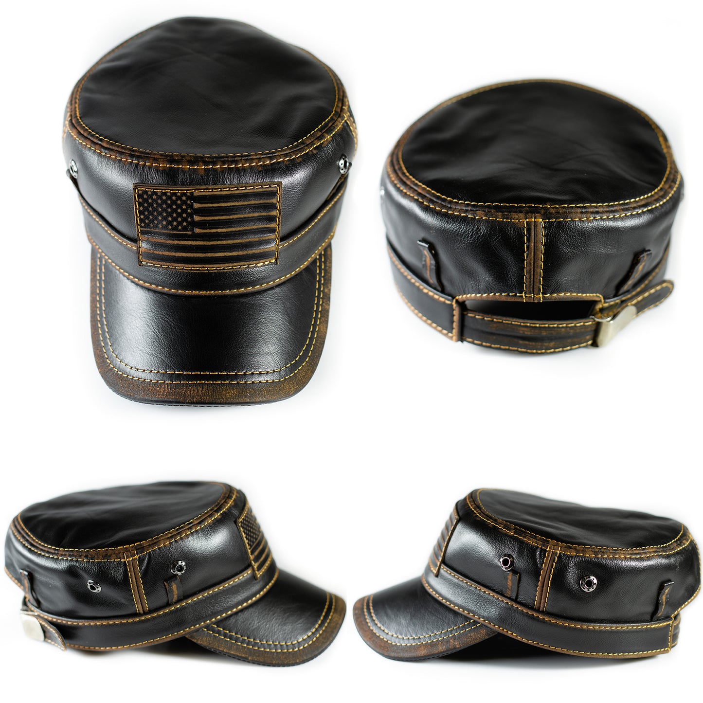 American Flag Patriotic Genuine Leather Captain Black Distressed Cap