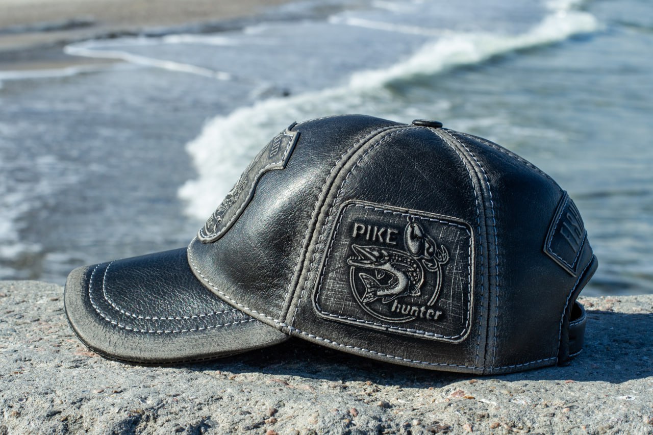 Leather Fishing Cap: Handmade Trophy Pike Distressed Black Hat with Pike Hunter Patch and Adjustable Strap | Apero Bullo