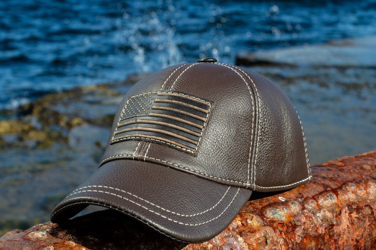 Leather Biker Hat: Handmade Brown Motorcycle Cap for Men with American Flag Patch, Patriotic Gift | Apero Bullo