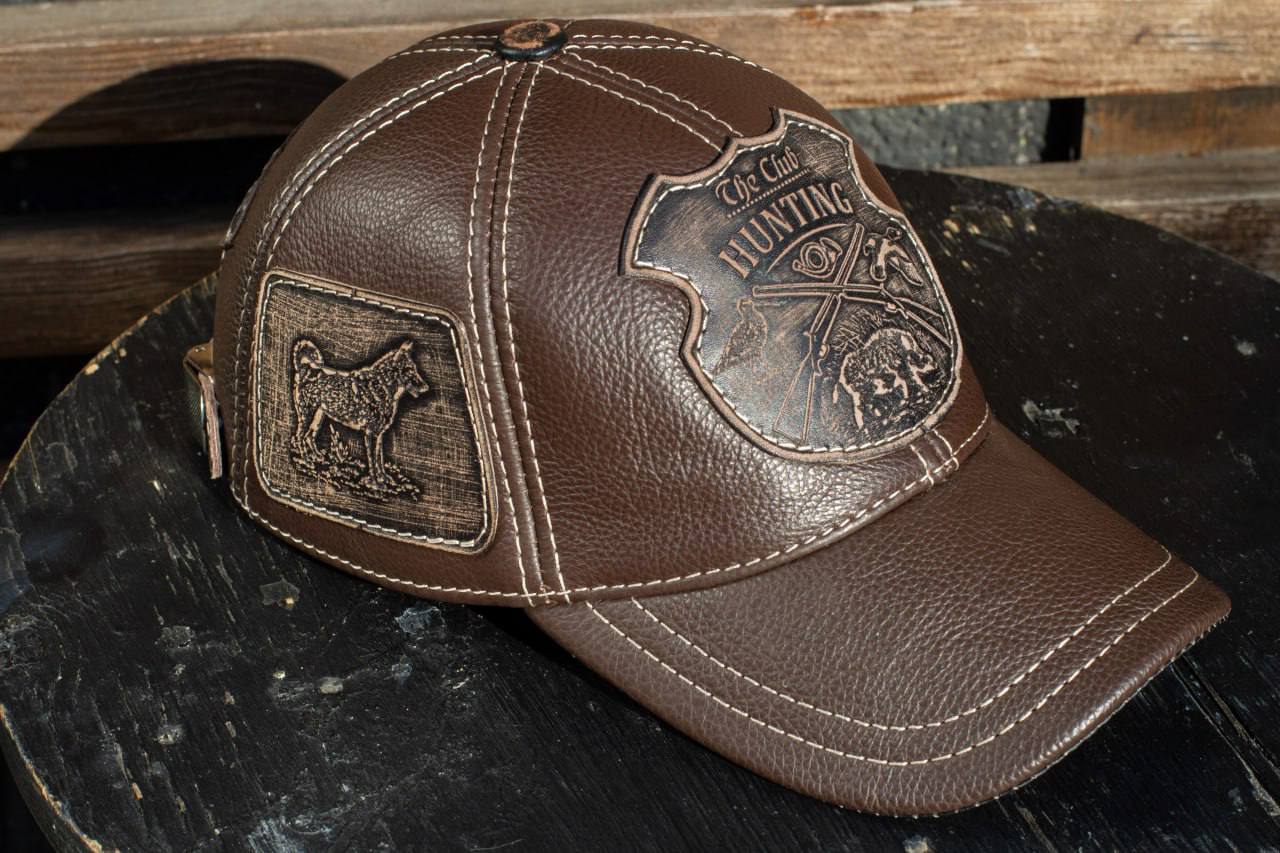 Leather Hunting Cap: Handmade Hunters Club Brown Hat with Husky Dog & Boar Patches | Apero Bullo