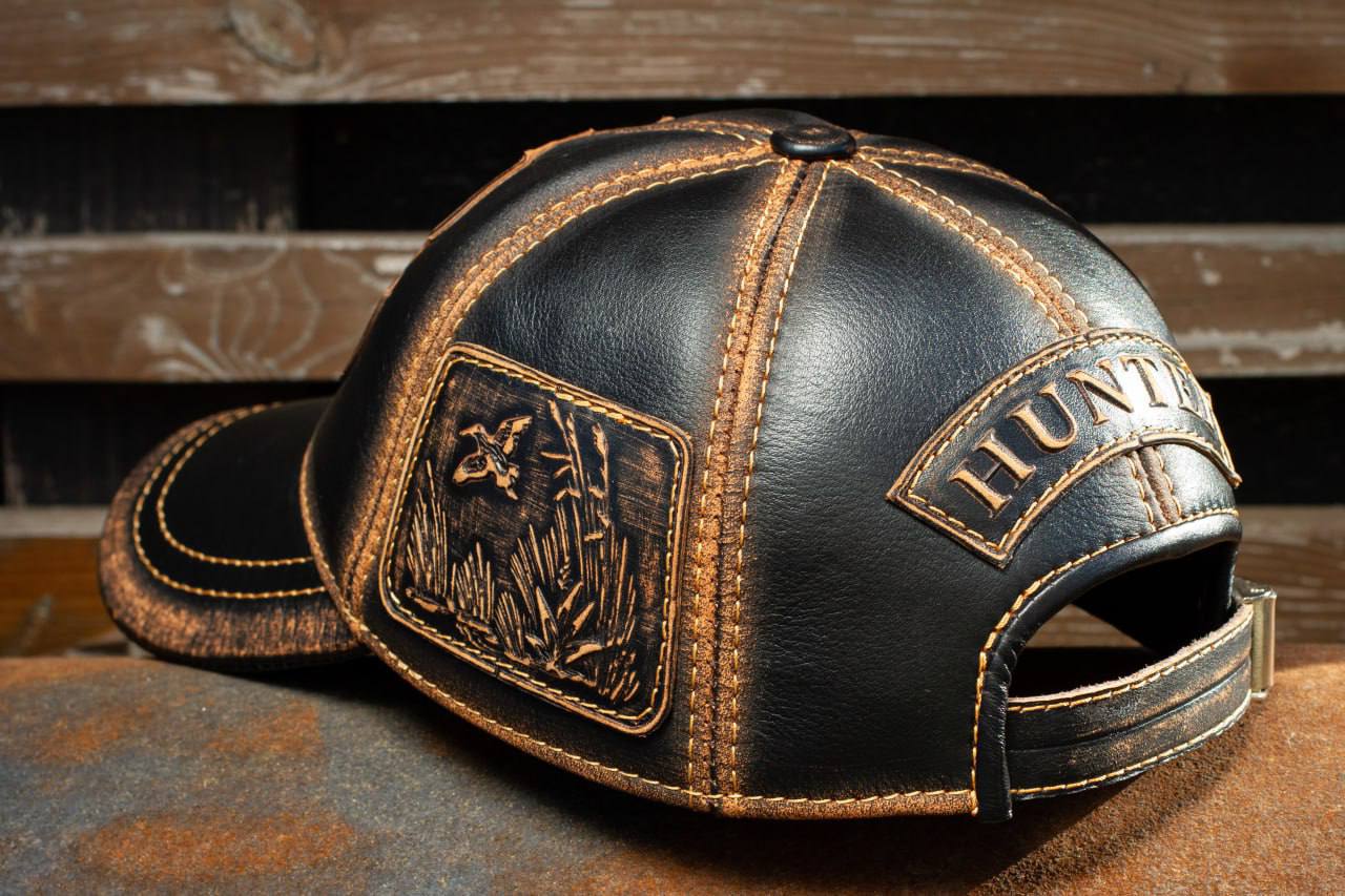 Leather Hunting Cap: Handmade Vintage Black Hat with Dog & Bird Patches, Hunting Club Badge | Apero Bullo