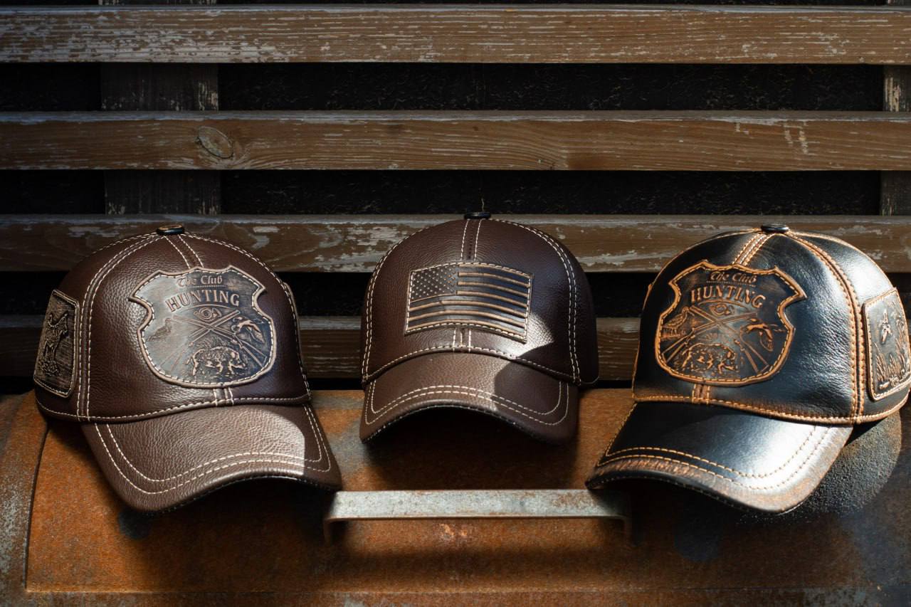 Leather Hunting Cap: Handmade Hunters Club Brown Hat with Husky Dog & Boar Patches | Apero Bullo