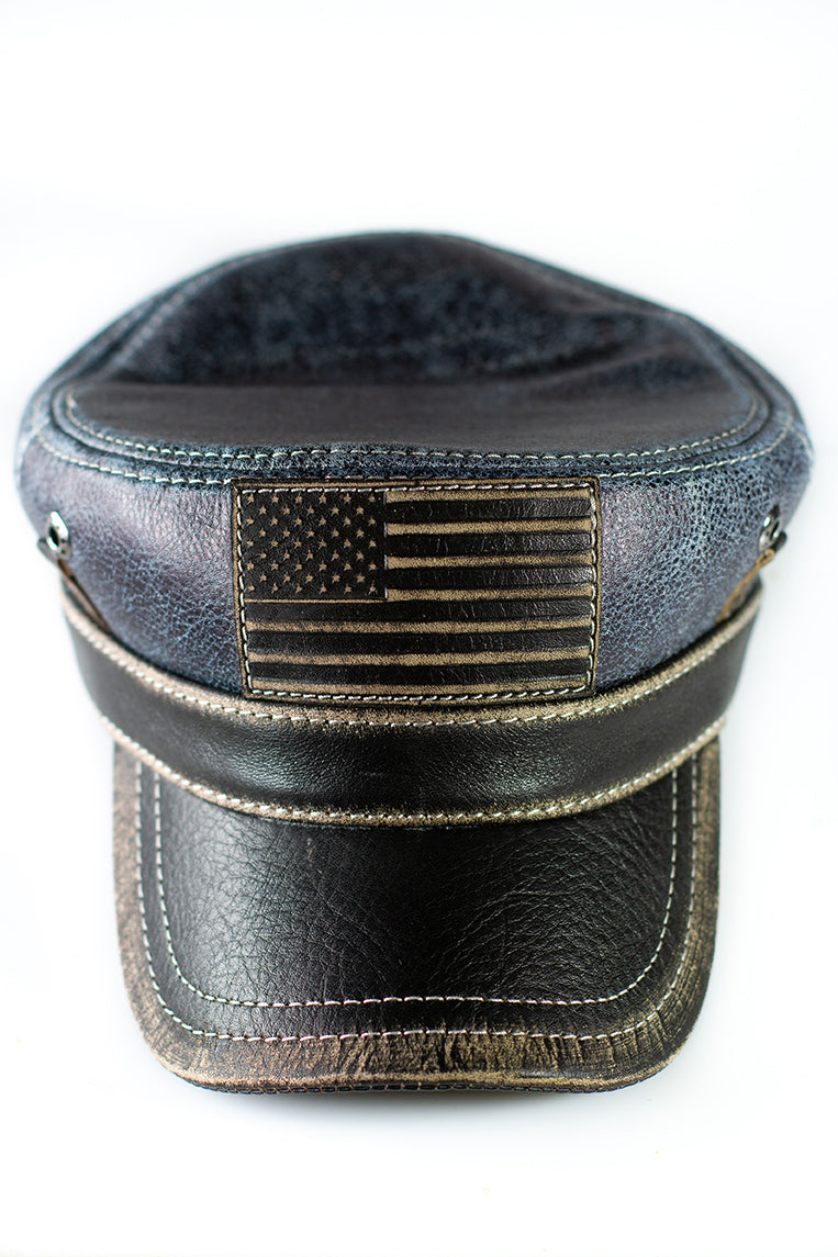 American Flag Patriotic Genuine Leather Captain Cap Blue Denim Pattern