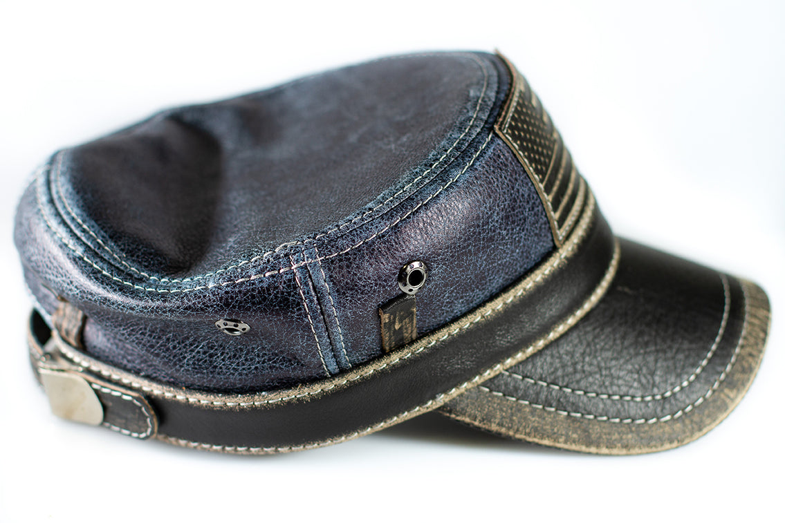 American Flag Patriotic Genuine Leather Captain Cap Blue Denim Pattern