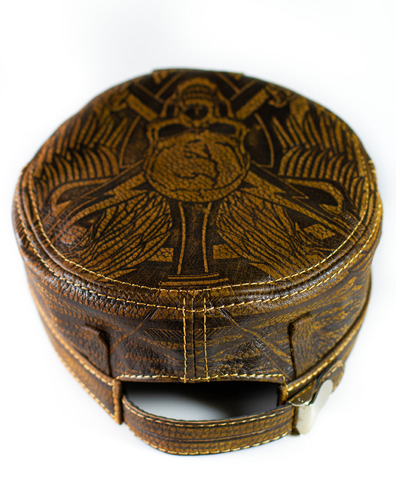 Leather Biker Hat: Handmade Brown Motorcycle Cap for Men with All-Over Skull Design, Iron Cross Patch and Ride to Live Motto | Apero Bullo