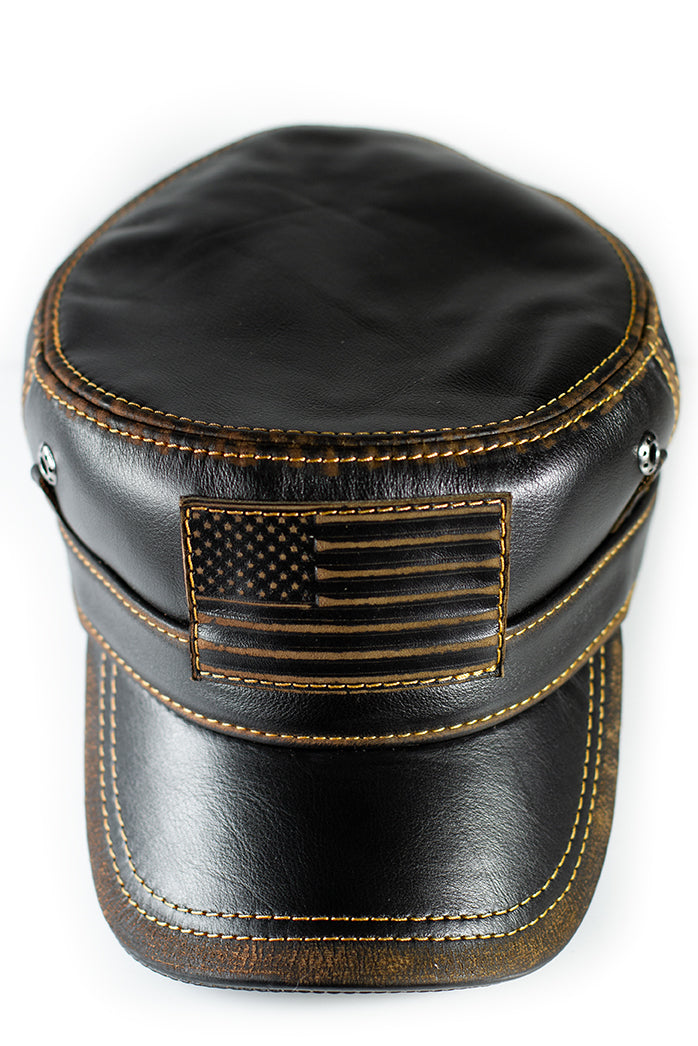 American Flag Patriotic Genuine Leather Captain Black Distressed Cap